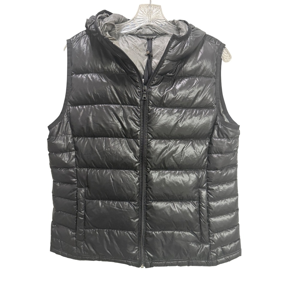 Peace Love Chill Puffer Vest Black EUC Packable Hooded Gorpcore hiking outdoor L